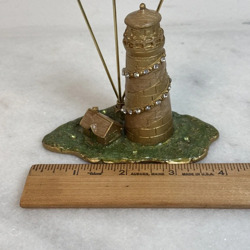 Lighthouse Enamel on Gold Tone Picture Photo or Card Holder Rhinestones Nautical